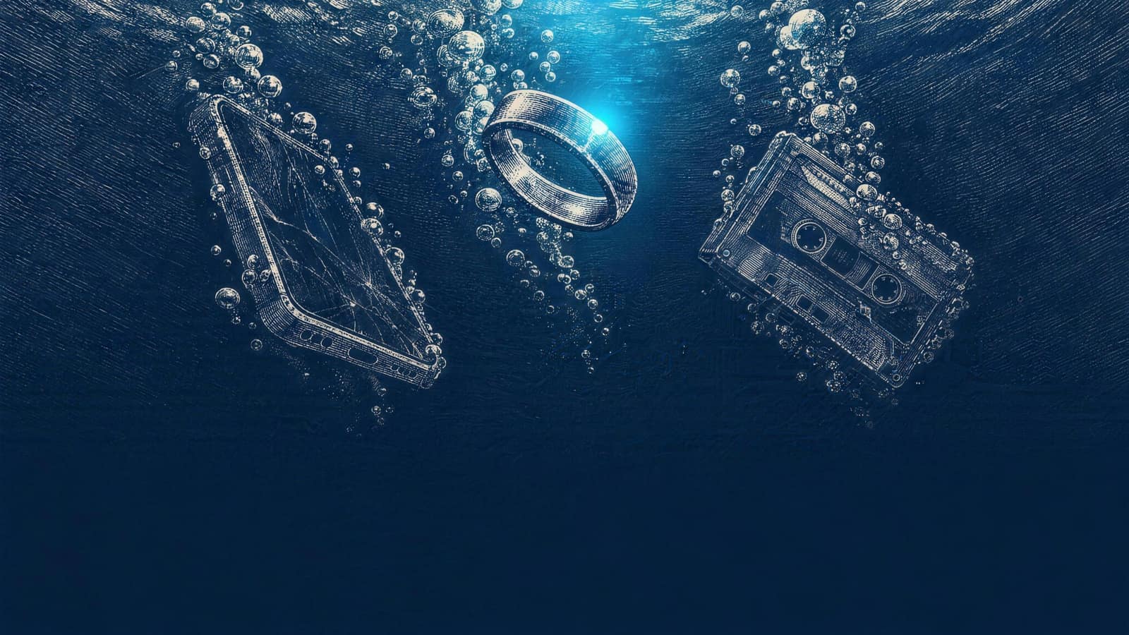 underwater, at night, a ring, a phone and a cassette sinking among bubbles; the ring is the only blue light