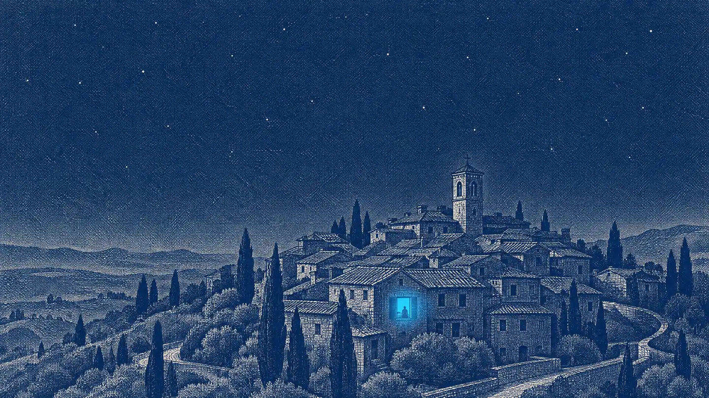 a hill town engraved at night under a sky of stars: every window dark except one, blue, with a person sitting on the edge of the bed