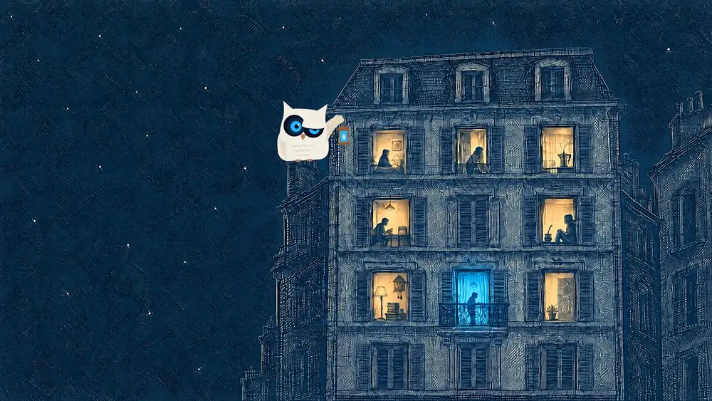 the façade of a building at night with six lit windows: in each one a person awake, alone with a thought. on the roof, the orepiccole owl with its lantern