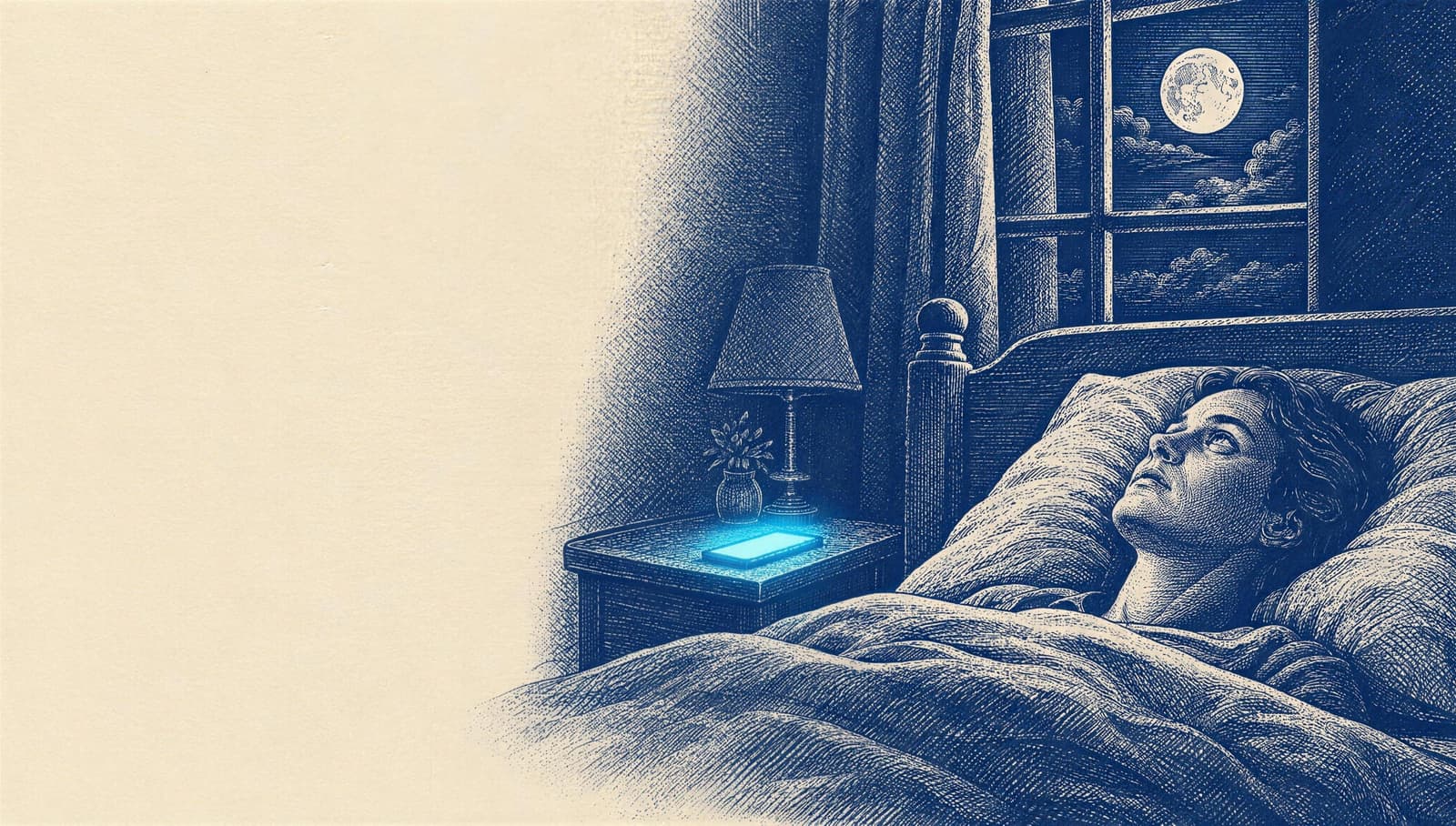 a woman awake in bed at night, the moon in the window and a lit phone on the nightstand