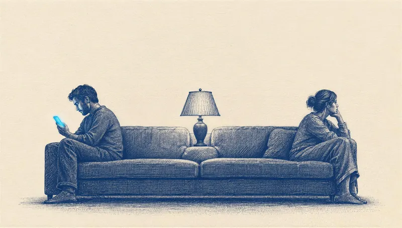 a man and a woman sitting at opposite ends of a long sofa, far apart; he looks at his phone, she looks away