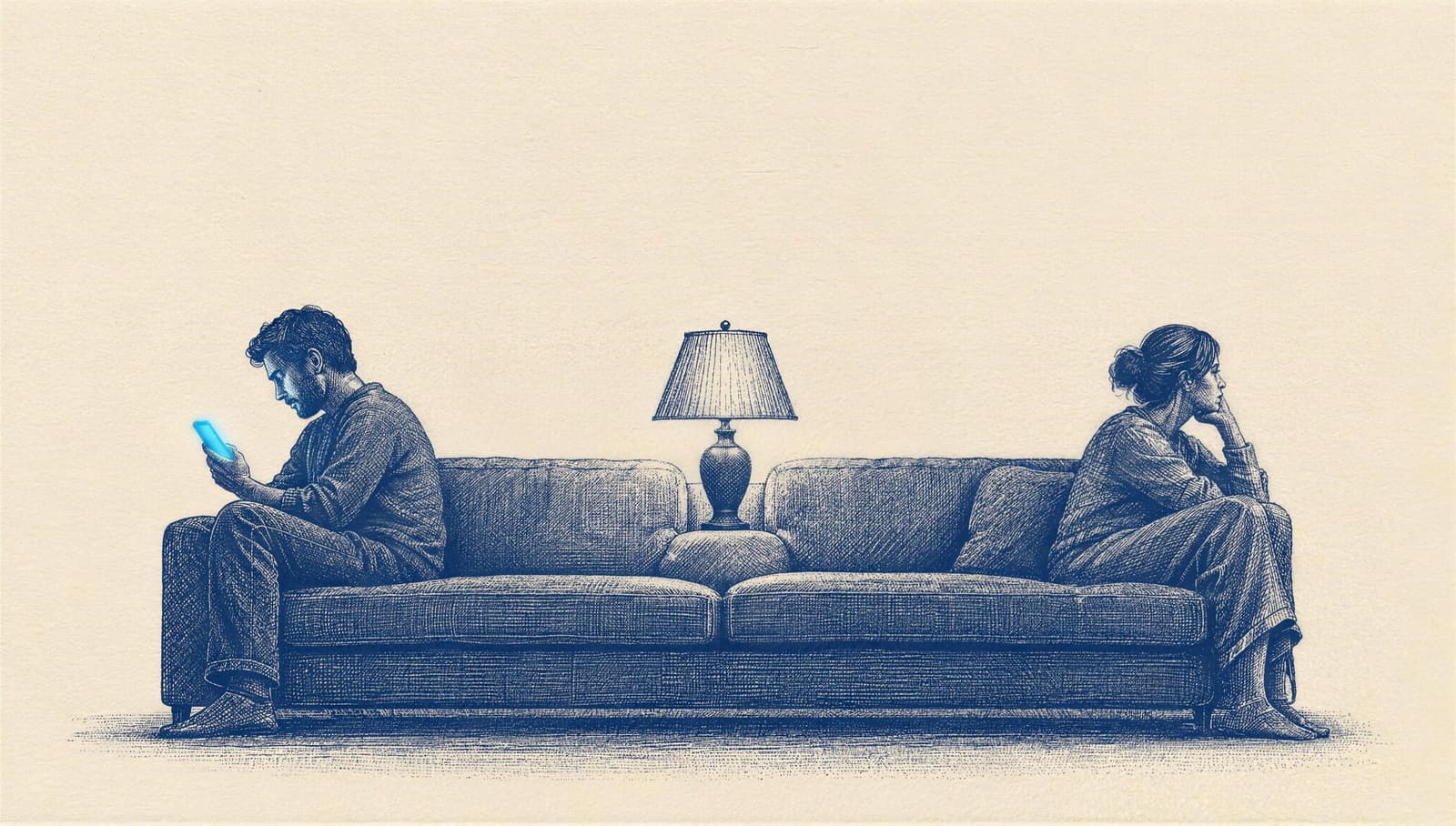 a man and a woman sitting at opposite ends of a long sofa, far apart; he looks at his phone, she looks away