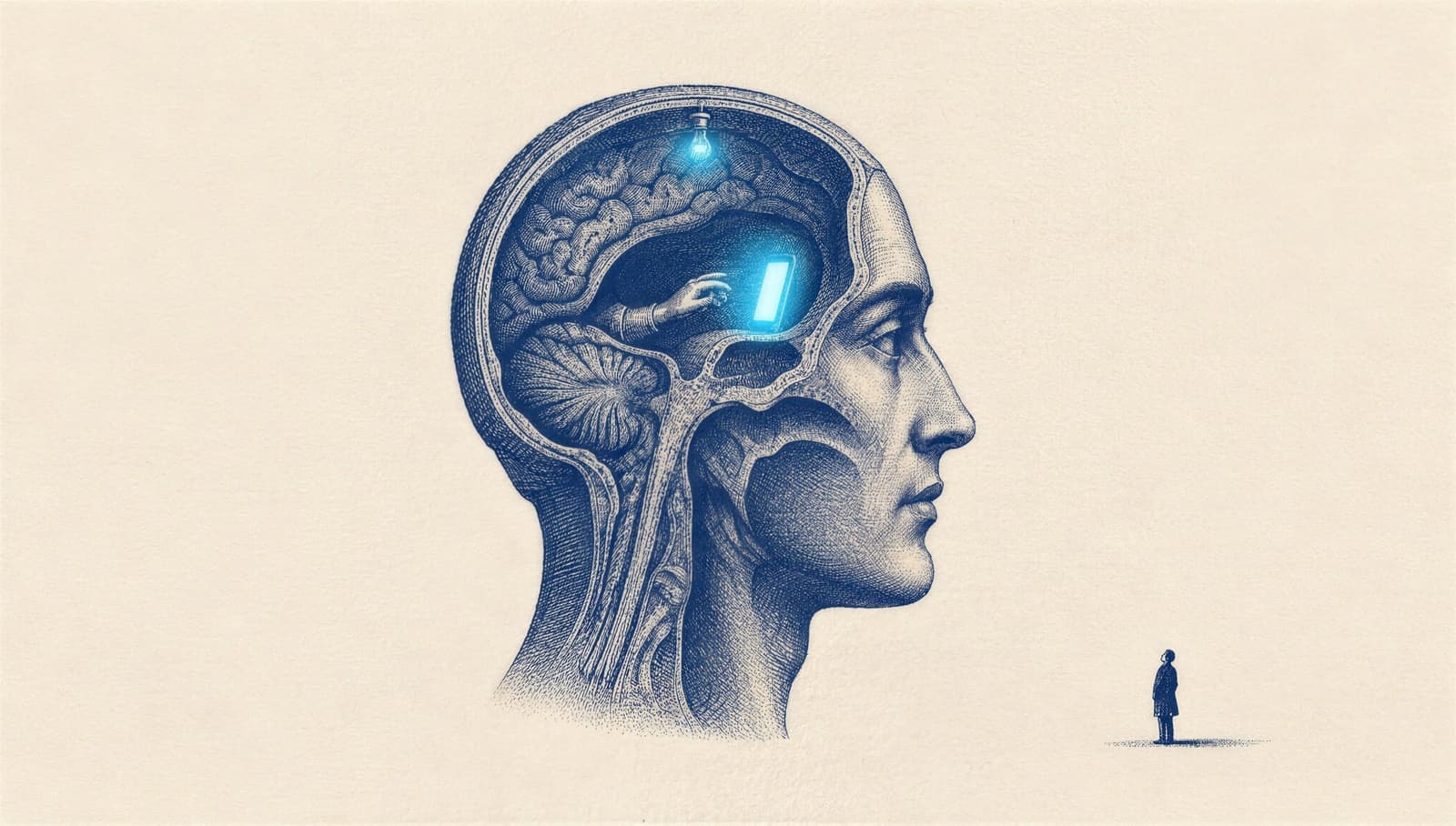 the profile of a head in cross-section with a small blue light glowing inside; beside it, tiny, a standing person looks at it