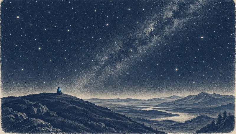 a hill at night under the milky way, a person sitting at the top with the light of a phone