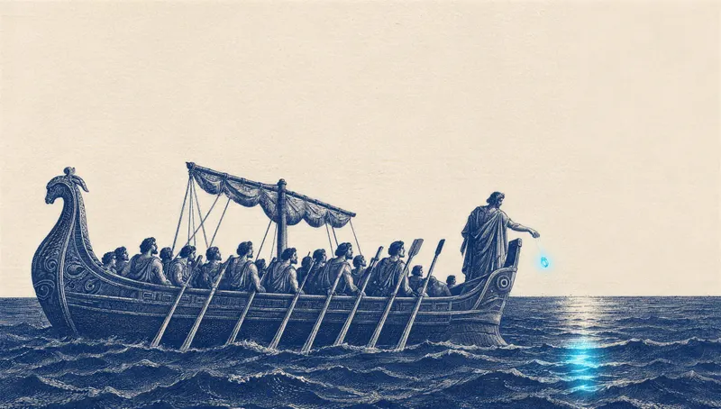 an ancient oared ship at sea; at the stern a standing man throws a ring that glows blue into the water