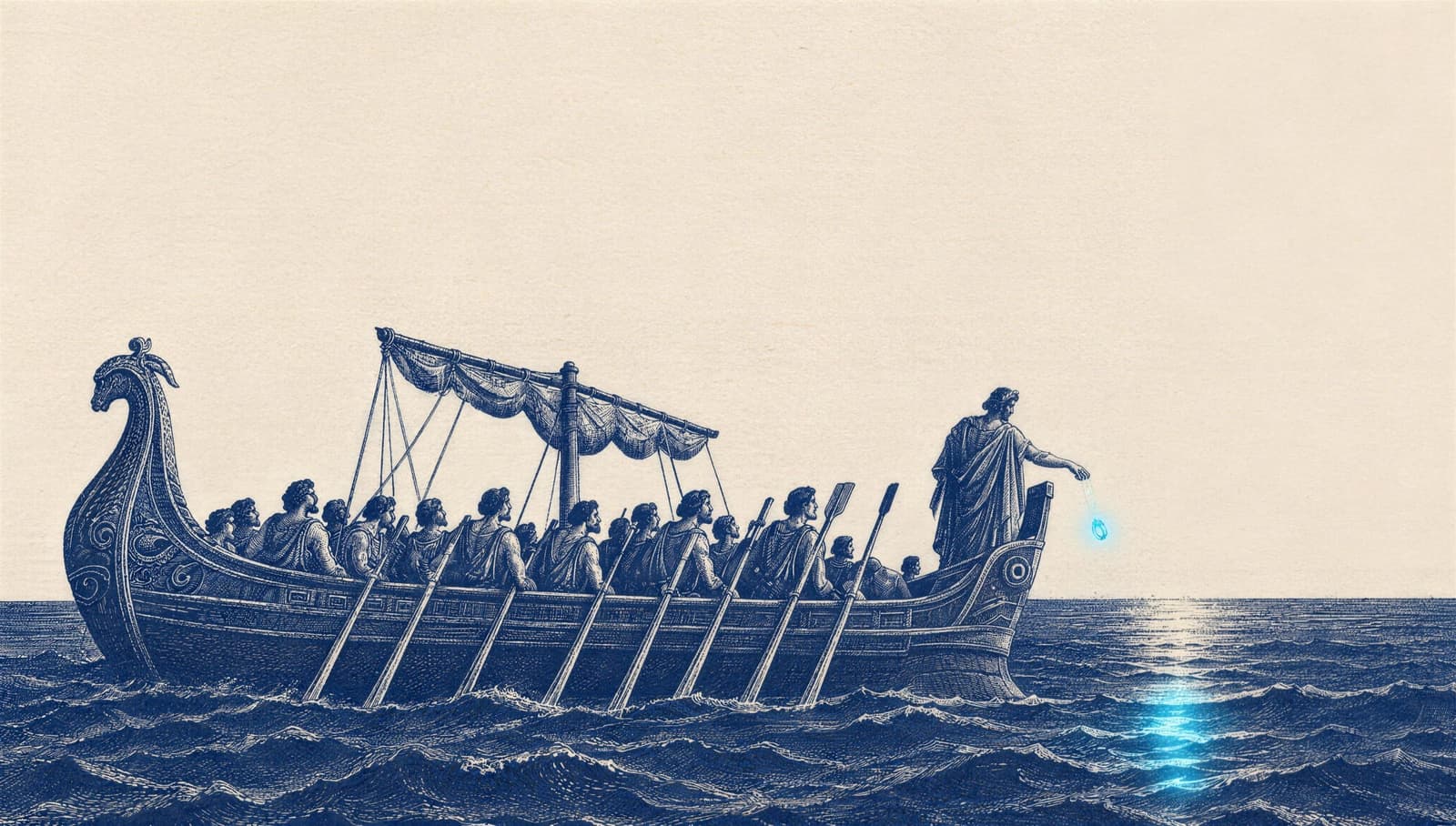 an ancient oared ship at sea; at the stern a standing man throws a ring that glows blue into the water