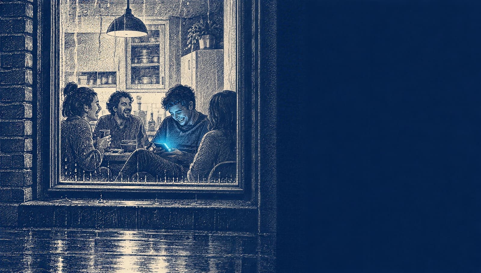 a group of friends at dinner seen from outside, through a wet window; one of them looks at a lit phone