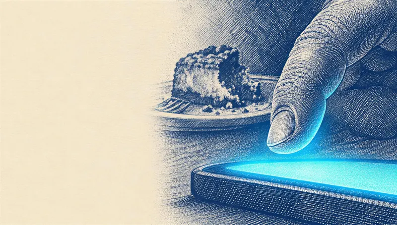 a finger about to touch the lit screen of a phone, next to a slice of cake on a small plate