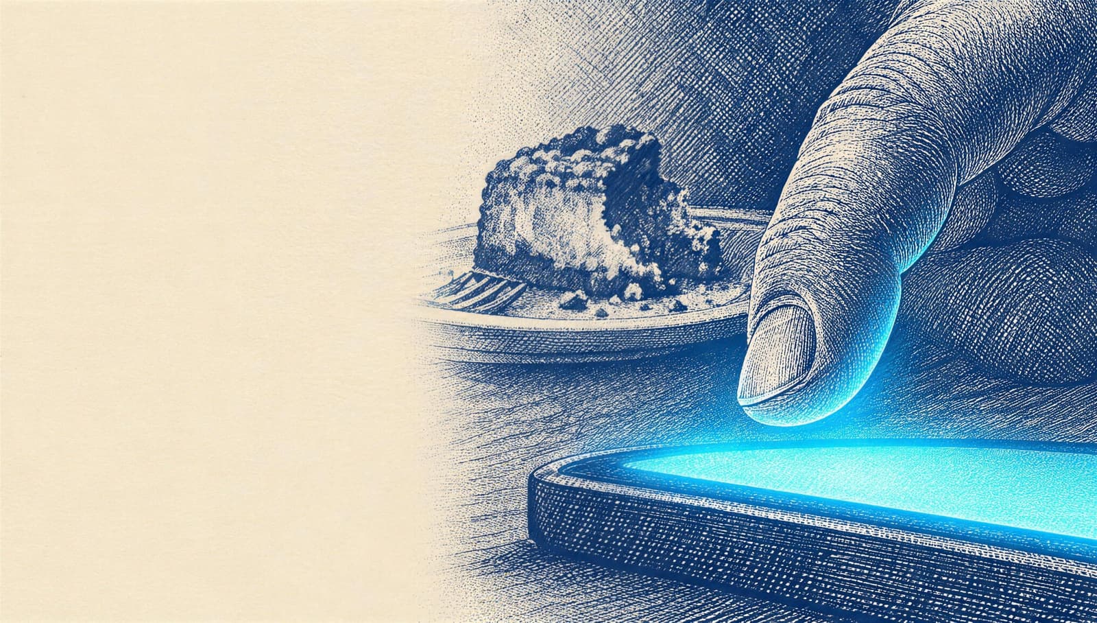 a finger about to touch the lit screen of a phone, next to a slice of cake on a small plate