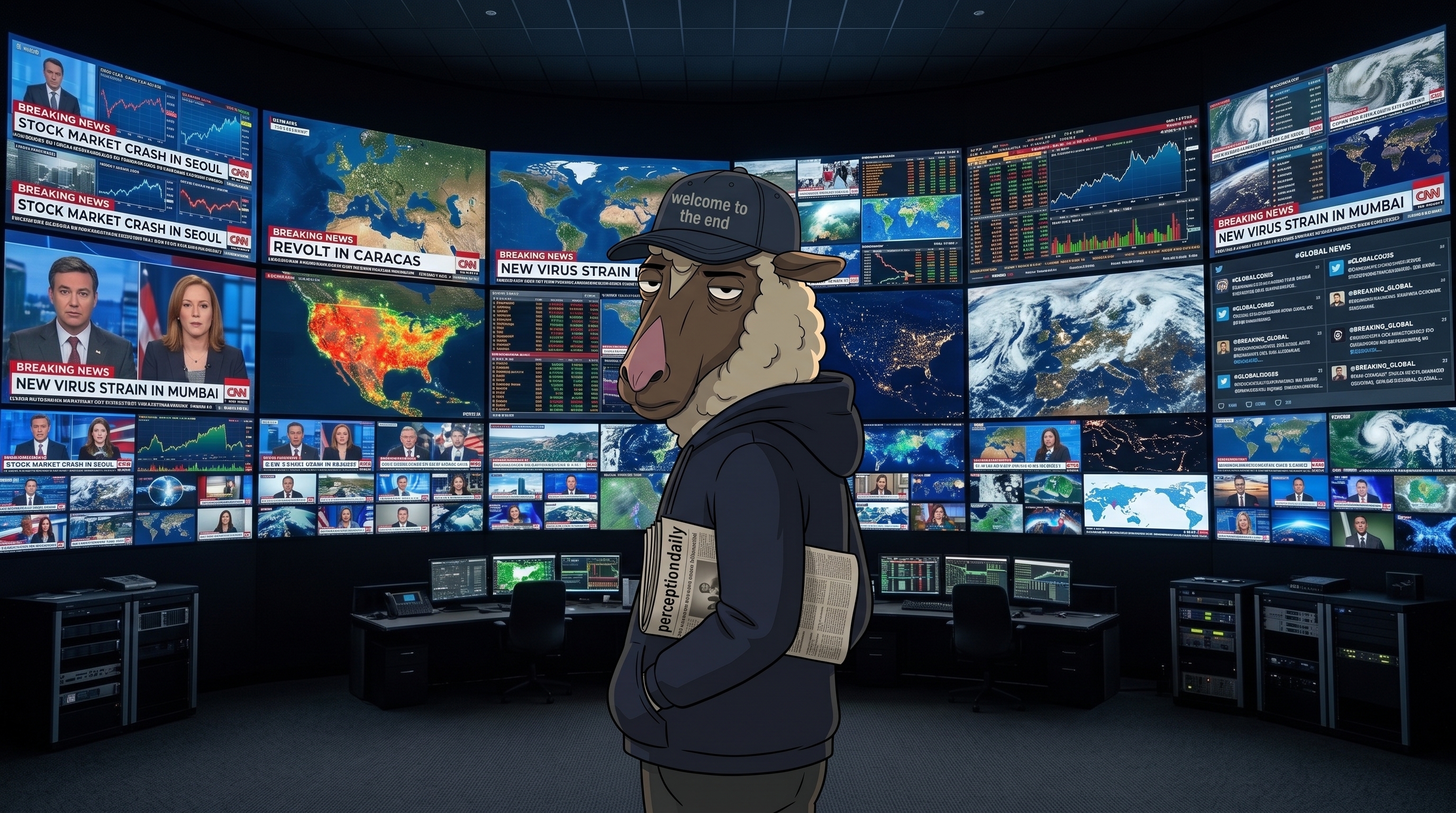 shep in a news control room facing a wall of breaking news